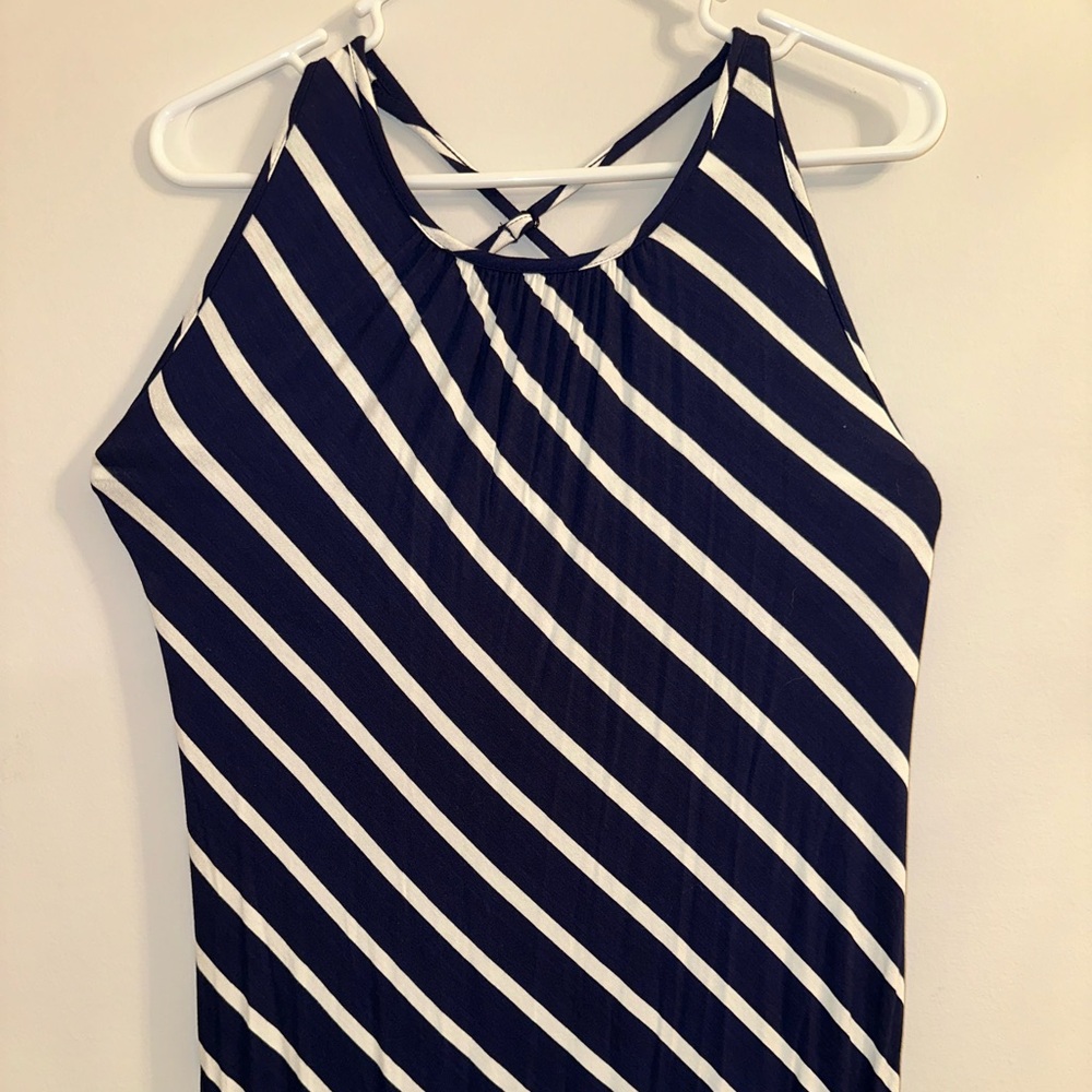 Navy and white striped maxi dress